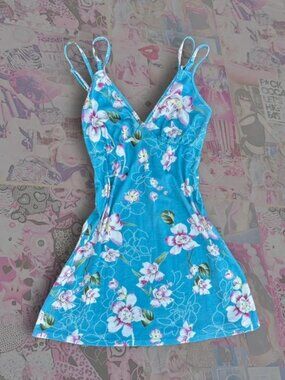 Blue Floral Mini Dress Y2K Coquette Hawaiian Slip Dress S